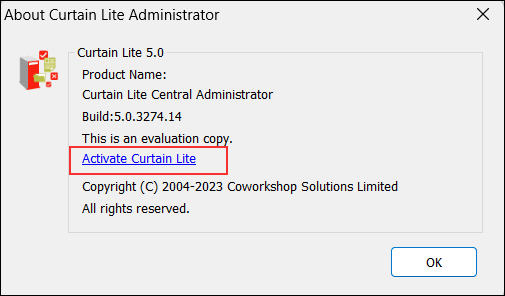 In Curtain Lite Admin, select "Help > About Curtain Lite Administrator".