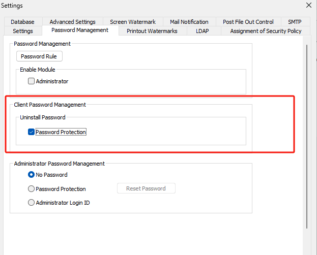 In Password Management tab, check "Password Protection"