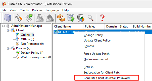 Select workstations and right click to choose "Generate Client Uninstall Password"