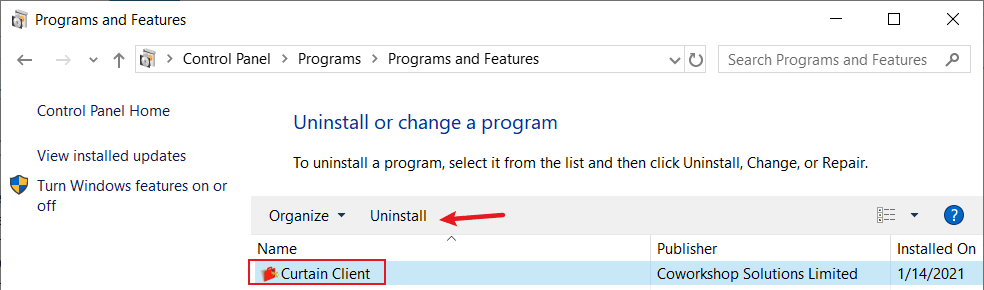 In workstation, uninstall Curtain Lite Client in Windows Control Panel.